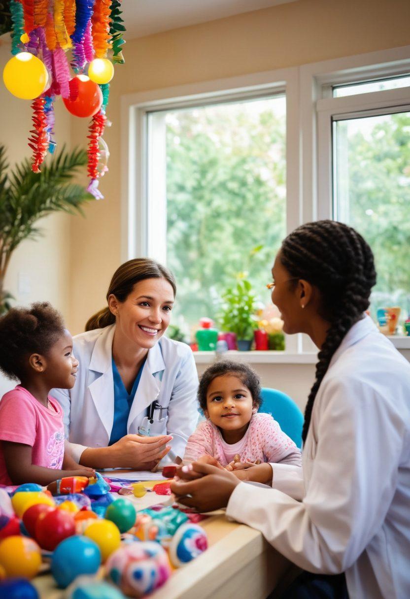 A heartwarming scene depicting a pediatrician joyfully interacting with children from diverse backgrounds in a vibrant clinic full of colorful decorations and toys. In the background, humanitarian aid workers are distributing supplies, symbolizing unity and support for children's health. The image should evoke feelings of care and hope, featuring bright, friendly faces and a lush garden visible through windows. super-realistic. vibrant colors. soft lighting.