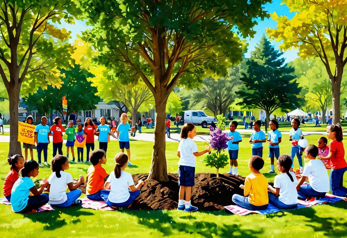 A vibrant community scene showcasing diverse children and adults engaged in various acts of community service, like planting trees, tutoring, and sharing meals. The background features a bright, sunny park with colorful banners promoting togetherness and joy. Smiling faces radiating happiness and collaboration reflect the theme of building a healthier future for kids. Art style: super-realistic. vibrant colors. white background.