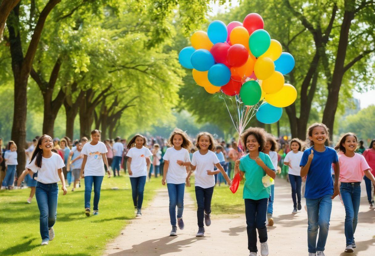 A vibrant scene of joyful children playing in a bright, sunny park, surrounded by volunteers engaged in various charitable activities like health check-ups and distributing toys. Emphasize bright smiles and diverse backgrounds of children and adults, with colorful balloons and banners showcasing support for children's health. Include elements of nature, like green trees and flowers, to symbolize growth and happiness. super-realistic. vibrant colors. white background.